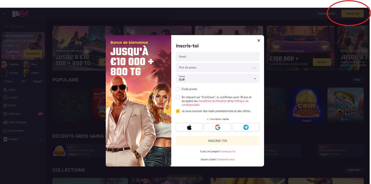 Pantalla del formulario de alta de GT Bet Casino accesible desde elbonmenjar.es